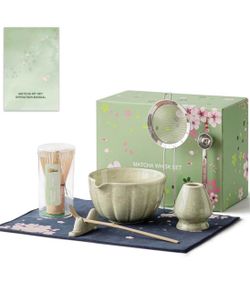 8 Pcs Matcha Whisk Set - HTRCXB Matcha Set with Ceramic Bowl, Bamboo Whisk & Holder, Scoop, Sifter, Measuring Spoon, Scoop Rest & Tea Towel, Complete 