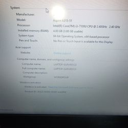 Acer Aspire A315-51-31GK Win 10 Intel Core i3-7100U 2.4GHz 4GB RAM 1TB HDD 15.6"