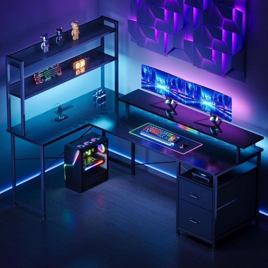 *Limited Time Price* L Shaped Gaming Computer Desk w/ Shelves, Reversible, LED Lights, Outlets