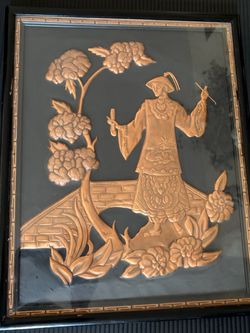 Framed Copper Relief Wall Art Asian Figure