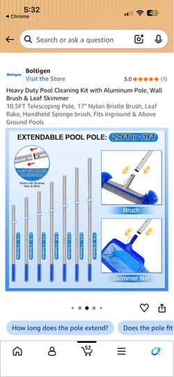 Boltigen Heavy Duty Pool Cleaning Kit with Aluminum Pole, Wall Brush & Leaf Skimmer 10.5FT Telescoping Pole, 17" Nylon Bristle Brush, Leaf Rake, Handh