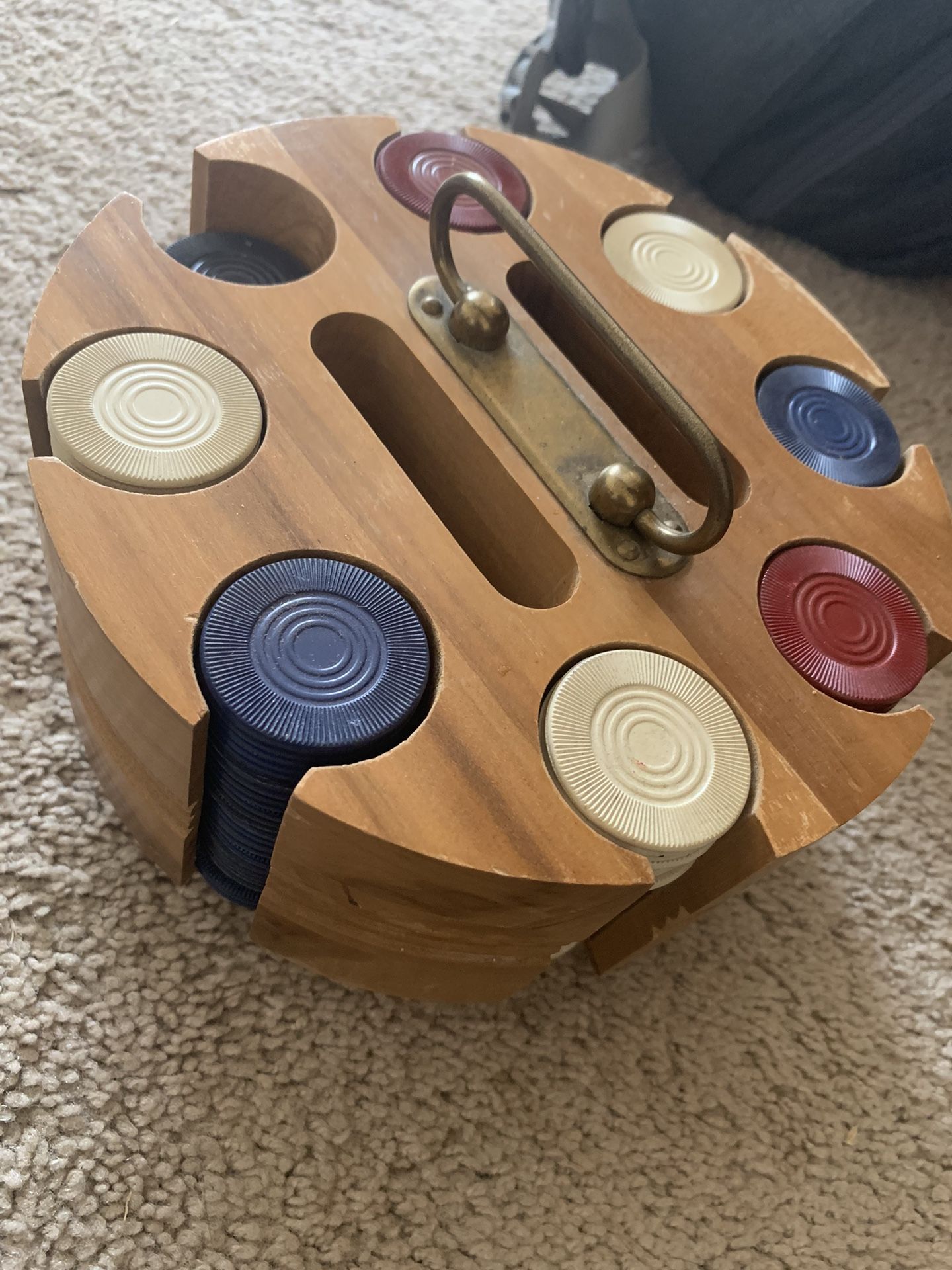 Vintage Wooden Carousel base plastic poker chips and 2 card slot holders