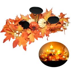 New-Fall Candle Holder Centerpiece for Table with Lights 3 Wick Candle Holde with Big Pumpkins Cute Berries and Rich Maples Autumn Decorations for Tab
