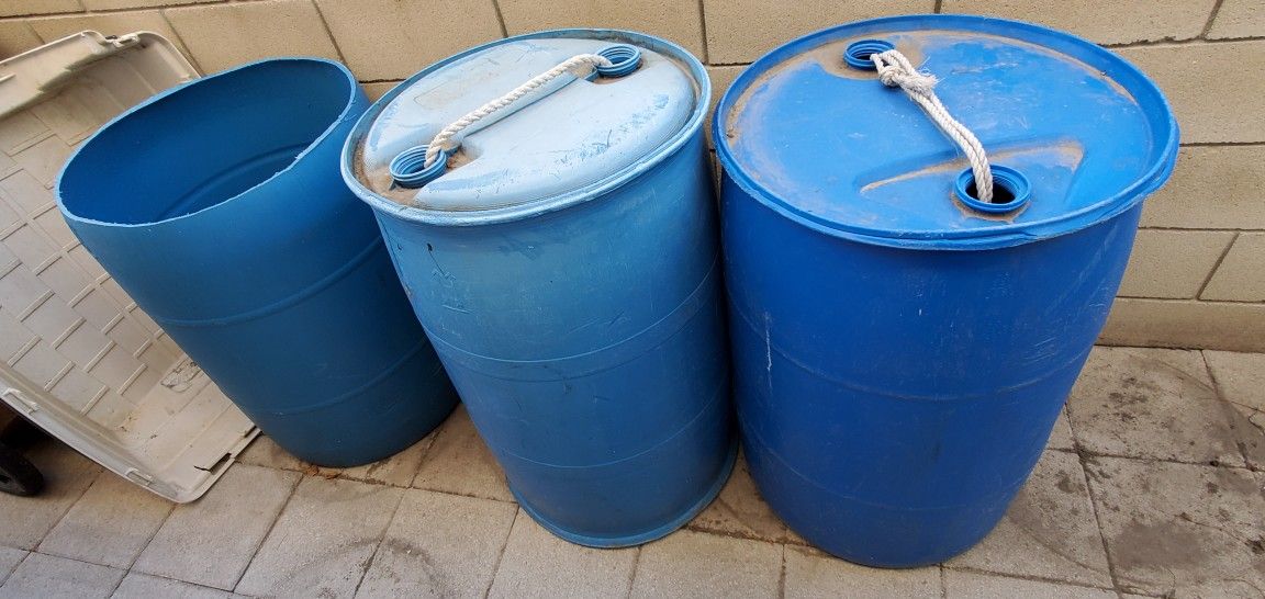50 Gallon Blue Plastic Barrel