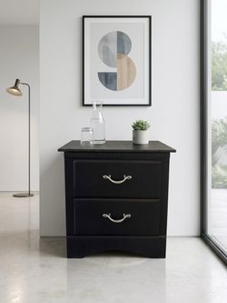 Black 2-Drawer Nightstand with Silver Handles