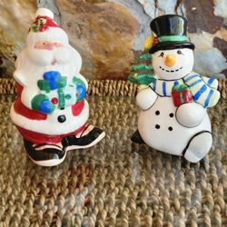 Fitz and Floyd Merry & Bright Salt and Pepper Shakers 2011 Santa and Snowman