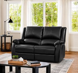 Upholstered Rolled Arm Leather 2-Seater Push Back Rectangle Recliner, Black