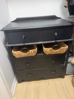 Antique Black Wood Dresser with Wicker Baskets