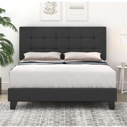 Queen Size Fabric Gray Upholstered Bed Frame 