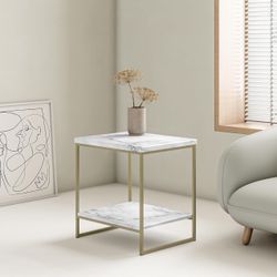 Faux Marble Side Table, White Marble Small Coffee Table with Storage, 2-Tier End Table for Living Room, Nightstand for Bedroom (White, Gold)