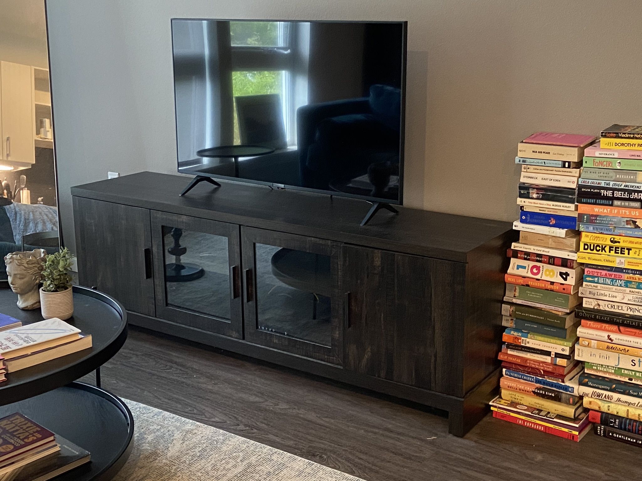 Storage TV Stand Media Console - For TVs up to 75 inches - Dark Faux Wood and Glass Doors