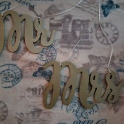 Gold Mr. & Mrs. Sign 10" x 7" in excellent condition that hang on Bride & Groom Chairs