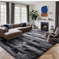 6’x9’ Large Shag Rug for Living Room Decor, Tie-Dyed Ultra Soft Fluffy Furry Area Rug for Bedroom Floor(Black and gray)