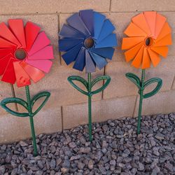 Repurposed Metal Yard Art, Windmill Flowers, 24 Tall x 10 Wide 