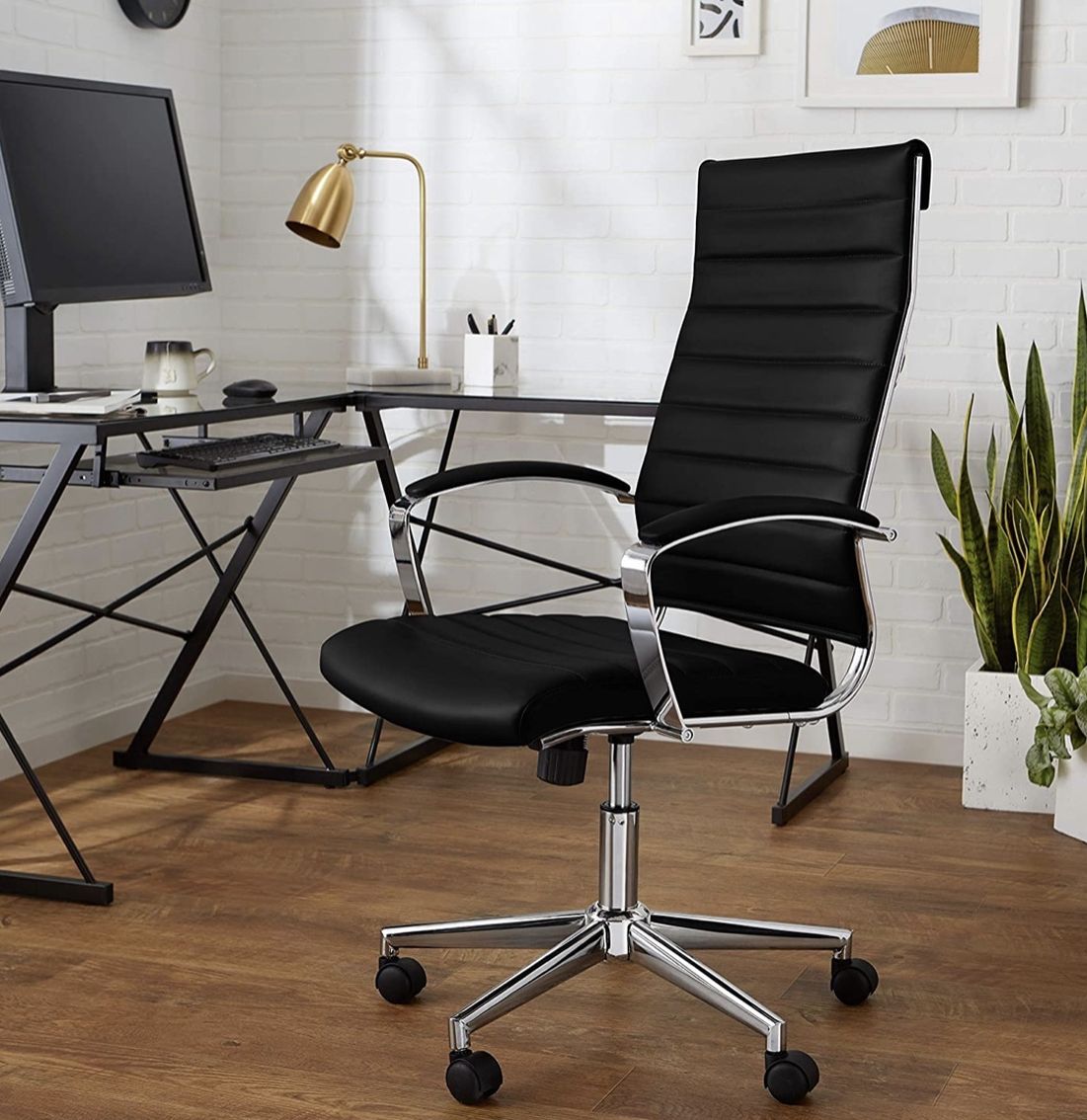 High-Back Executive Swivel Office Desk Chair with Ribbed Puresoft Upholstery - Black, Lumbar Support, Modern Style