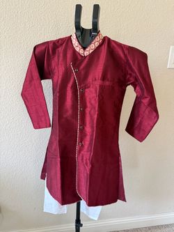 Maroon Silk Designer blend Indo Western Sherwani and white Pajama for Boys/Kids