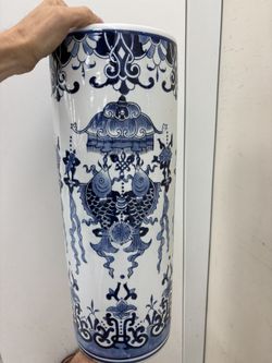 BLUE & WHITE Asian Chinese Chinoiserie Work Of Art With Koi Fish. Use As Umbrella Or Cane Stand, Vase, Or Toilet Roll Paper Holder. $100 Each.
