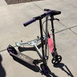 Two Big Wheel Halo Scooters And Razor Powerwing