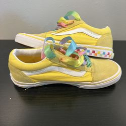 EUC Vans Old Skool Sz 5.5Y Women’s Sz 7 Cyber Yellow Rainbow Laces 🌈 Checkered sole