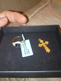 Sz 9 ring diamonds and topaz   yellow gold cross pendent