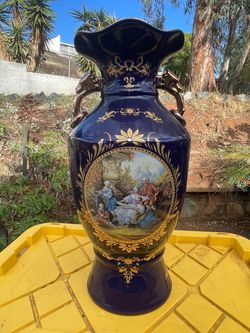 24" Cobalt Blue Limoges Style Porcelain Vase with Gold Accents