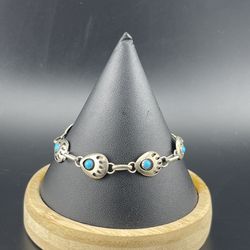 .925 Sterling Silver 7.5” Ella Peters Native American Style Bear Claw Bracelet With Turquoise Stones 