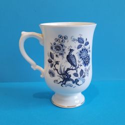 Rare Crown Staffordshire Blue & White Peacock Mug With Gold Trim Bone China.