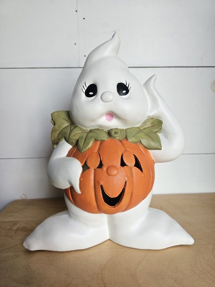 Vintage ceramic ghost w Jack-o-lantern belly. Halloween.