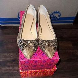 Tory Burch Designer Ribbon Bow Gold Flats Size 9.5