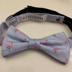Men’s Bow Tie W/ Flamingo & Gray Blue Stripes, Adjustable