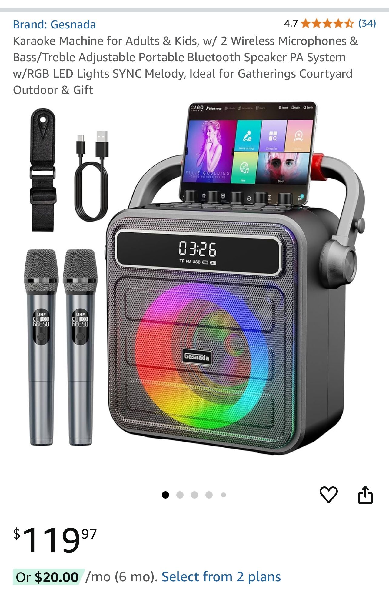 Karaoke Machine for Adults & Kids, w/ 2 Wireless Microphones & Bass/Treble Adjustable Portable Bluetooth Speaker PA System w/RGB LED Lights SYNC Melod
