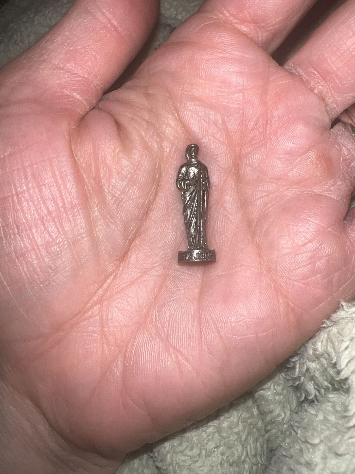 1.0" Religious pocket shrine, little statue miniature silvered statue of Saint Judas