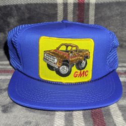 VTG 80s GMC Trucker Hat Mesh Snapback Blue Rope Cap 4x4 Pickup Truck Patch