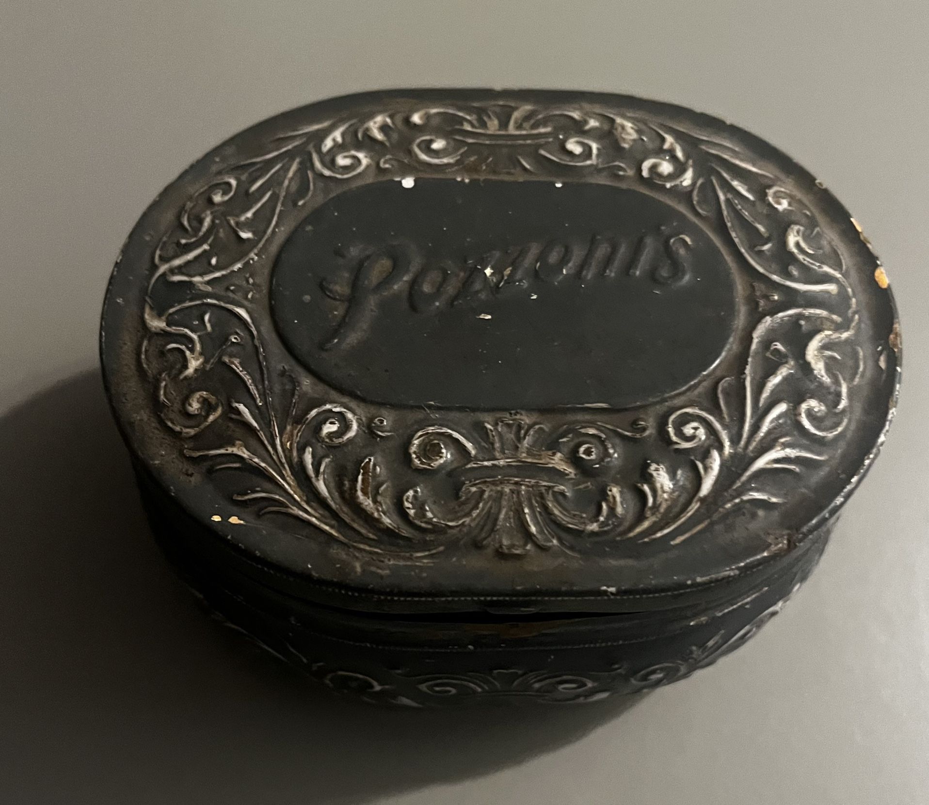 Antique Pozzonis Embossed Brass Powder, 10/Trinket Box With Hinged Lid