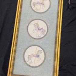 Vintage Framed Watercolor Limited painting carousel horses numbered and signed