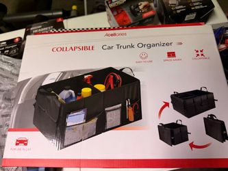 collapsible car trunk organizer with multiple compartments.