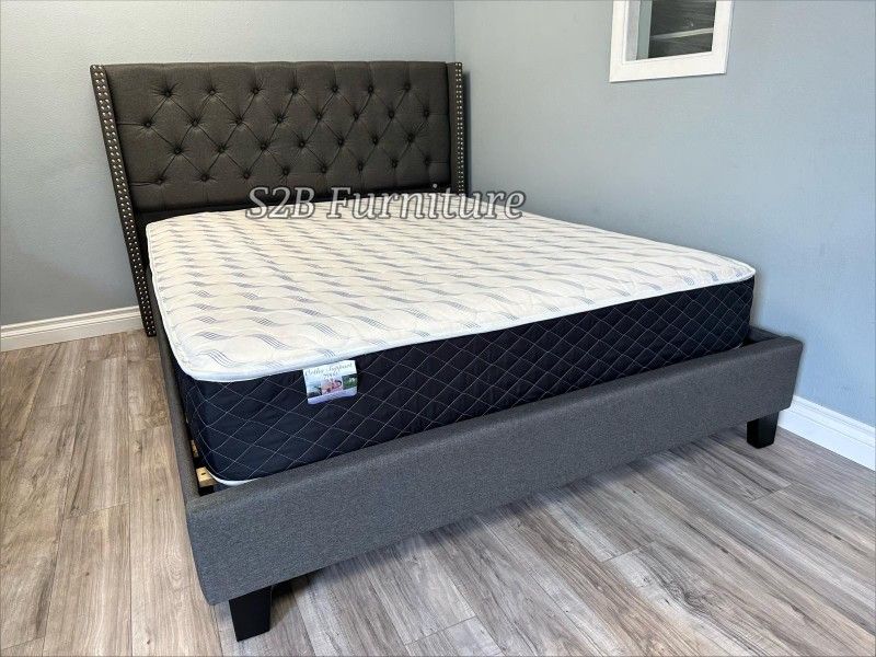 Queen Grey Tufted Bed With Ortho Mattress Included!!
