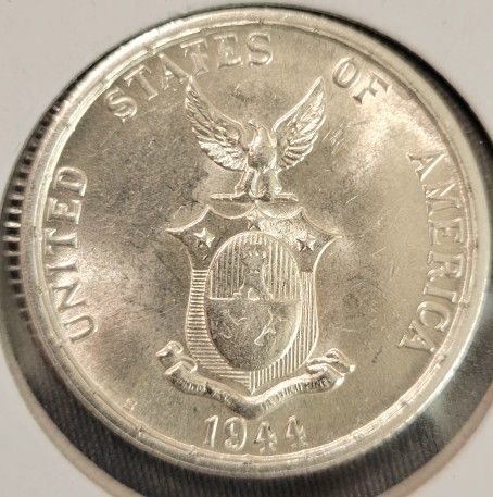 1944S Choice Gem BU Philippines 50 Centavos Type 1 "Mule"(obverse of 1907).