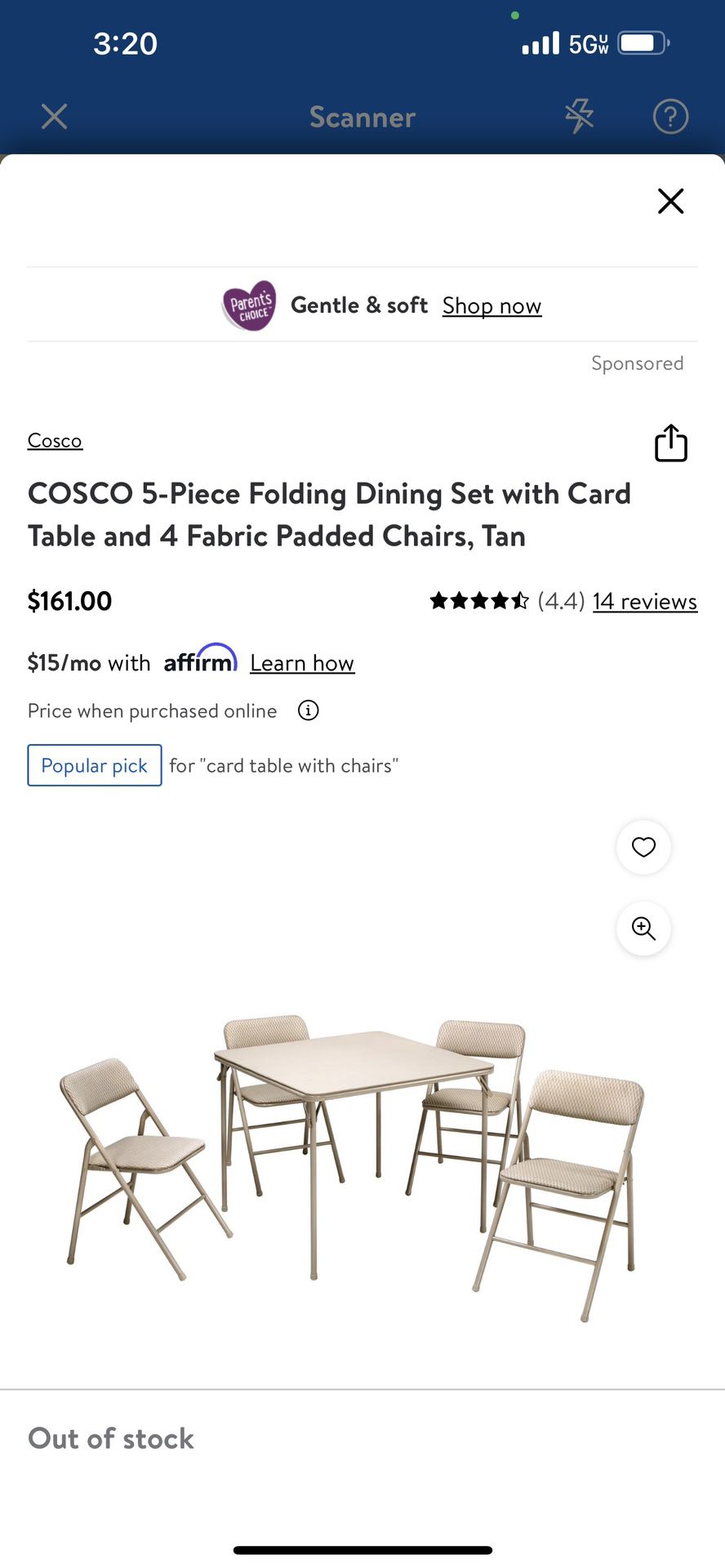COSCO 5-Piece Folding Dining Set with Card Table and 4 Fabric Padded Chairs, Tan  Pm if interested 