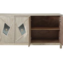 59.84'' Modern 4-Door Sideboard Storage Cabinet with Mirrored Decorative Doors and Solid Wood Legs Wood Veneer Cabinet for Living Room Kitchen Entrywa