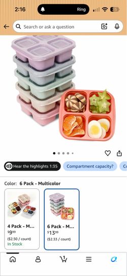 6-Pack Multicolor 4-Compartment Meal Prep Containers