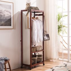 67'' Tall Free Standing Closet Wardrobe Bedroom Armoires with Full Length Dressing, Entryway Storage Shelves Organizer Solid Pine Wood-Brown