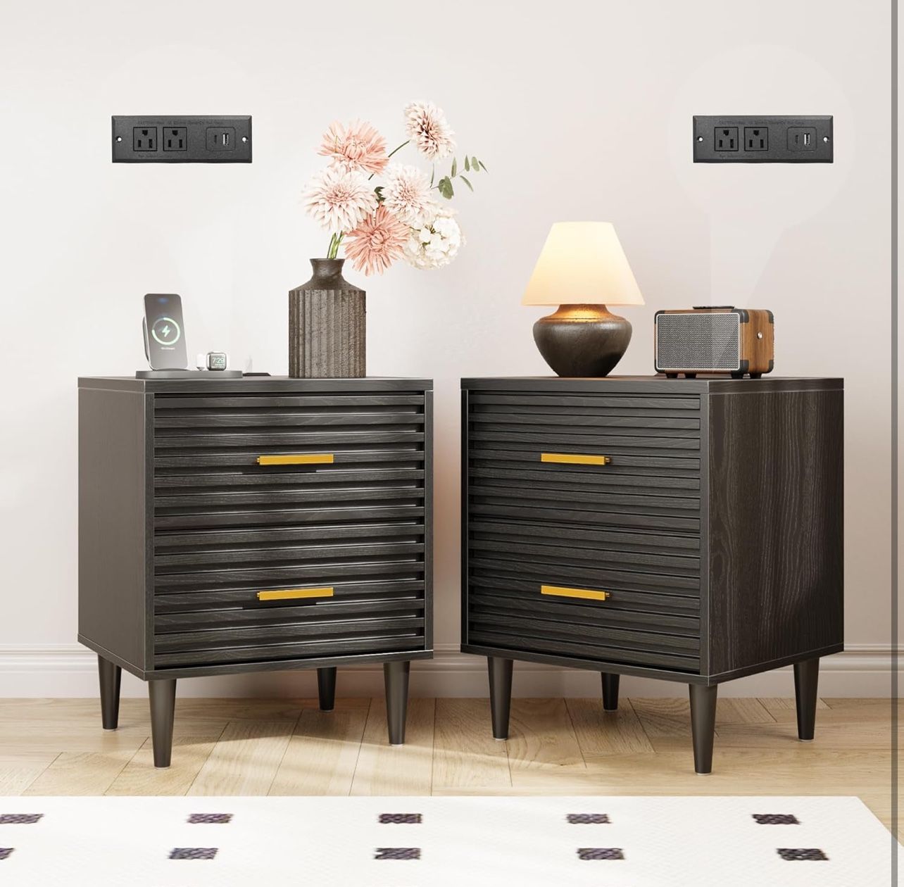 Night Stand with Charging Station Set of 2, Bedside Table with 2 Drawers, Mid Century Modern End Table, Bed Side Table with USB Ports and Outlets, Nig