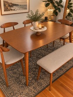 Mid-Century Modern Dining Table Set with Bench