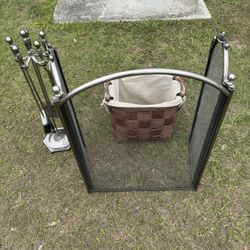 Fireplace Screen + 5 Piece Tool Set + Woven Basket 