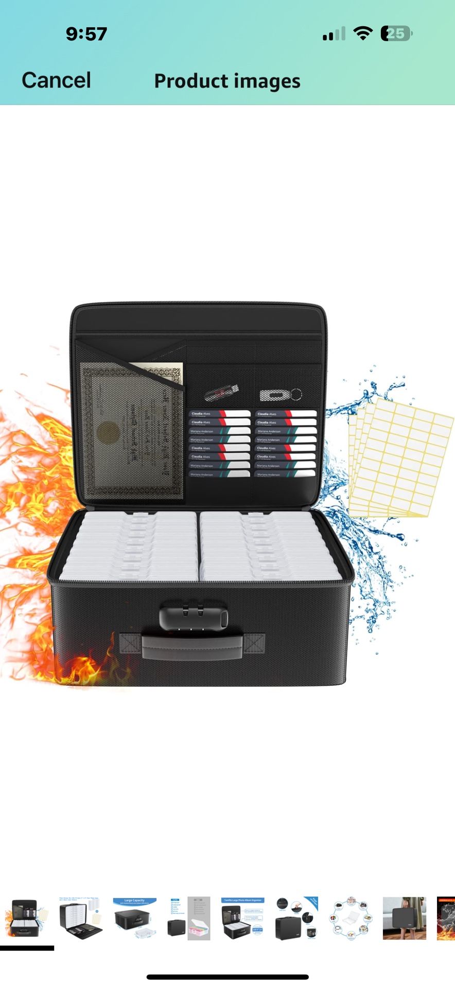 Fireproof Safe Photo Storage Box with 18 Inner 4" x 6" Clear Photo Cases, Portable Photo Organizer with Lock for Picture, Collapsible Photo Container