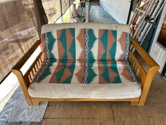 Wooden Futon Frame with Mattress and Cushions