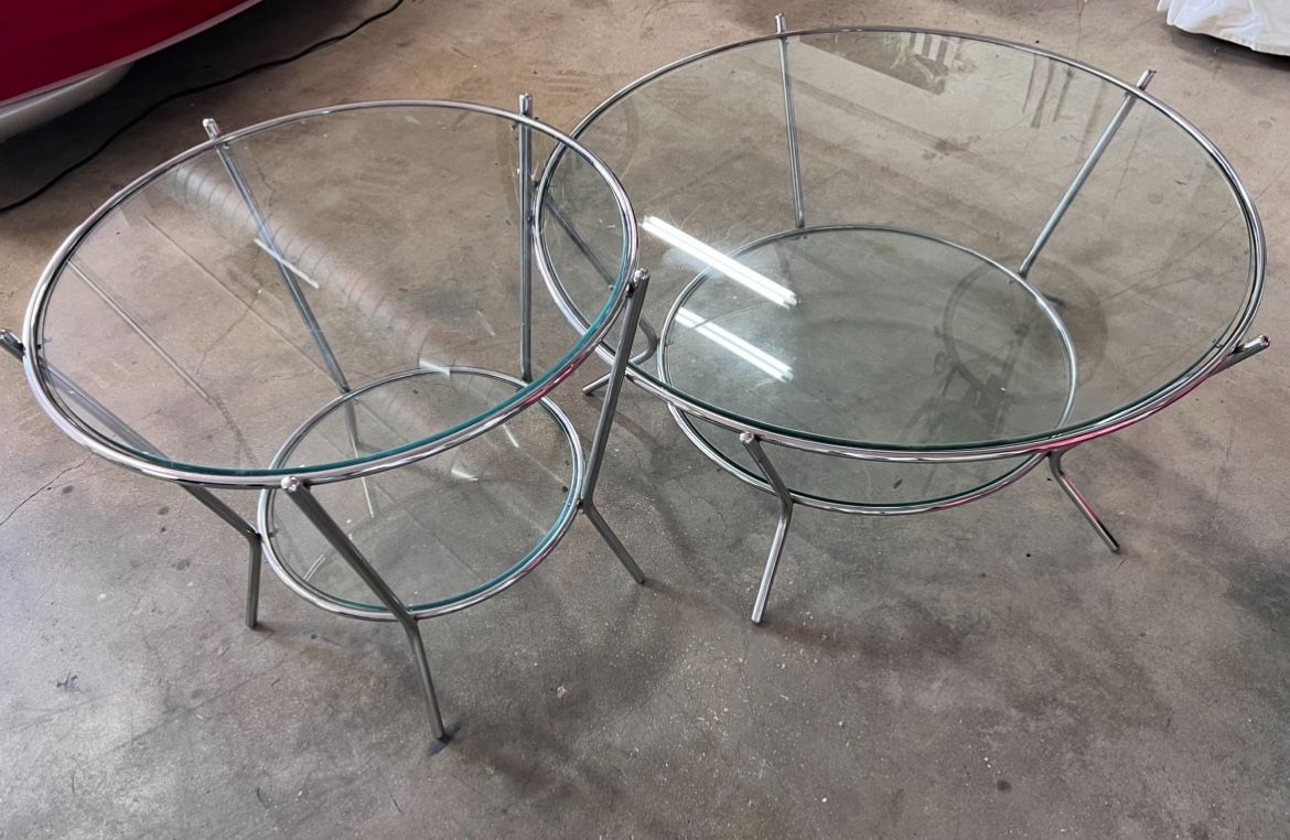 Vintage Coffee Table Set Chrome & Double Glass