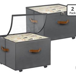 (404040-33) Shoe Organizer for Closet, 2 Pack Shoe Storage Organizer with Wheels and Adjustable Dividers, Stackable Shoe Storage Box with Clear Cover,