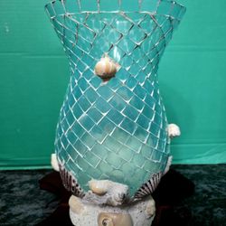 Teal Blue and Green Mosaic Glass Hurricane Vase, Candle Holder Coastal Decor 10.5"×6"